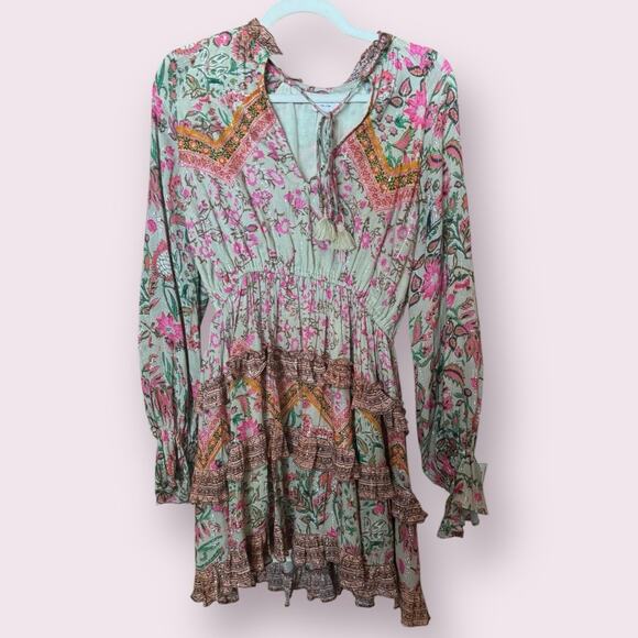 Hemant & Nandita Nora Floral Mini Dress in Sage Green - Picture 3 of 9